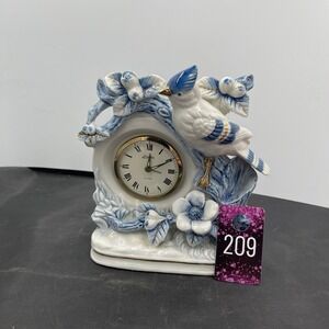Vintage Linden Porcelain Mantle Alarm Clock Bird Aviary Flower Blue White Gold!